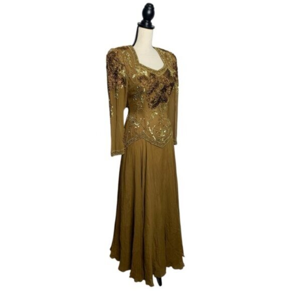 Isabella Vintage Silk Golden Sequin Beaded Embellished Evening Gown - Picture 3 of 16
